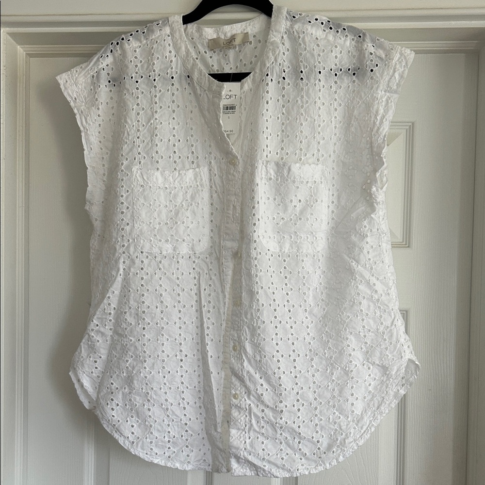 LOFT White Eyelet Button Down Shirt